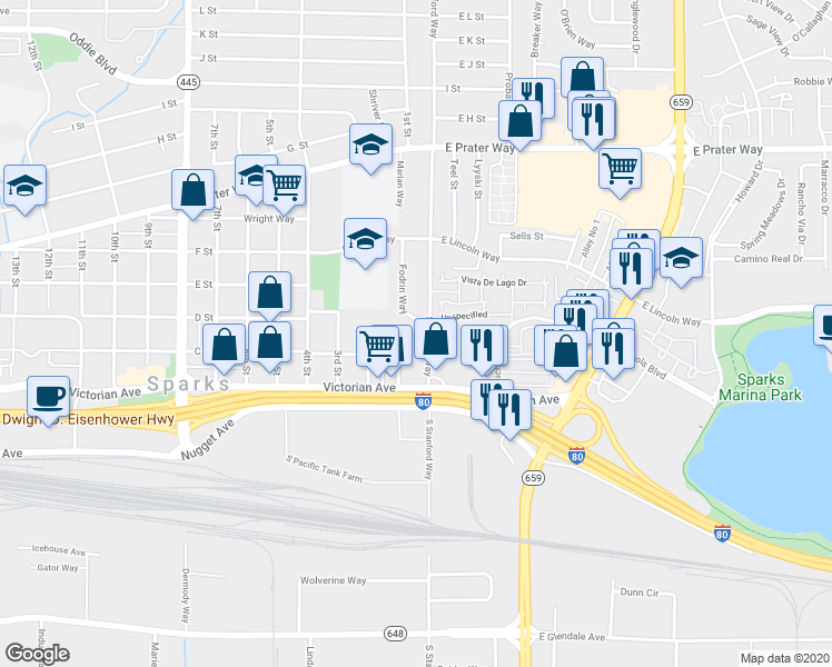 map of restaurants, bars, coffee shops, grocery stores, and more near 401 Stanford Way in Sparks