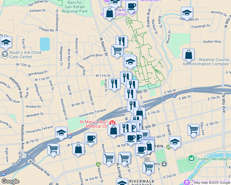 map of restaurants, bars, coffee shops, grocery stores, and more near 1015 North Sierra Street in Reno