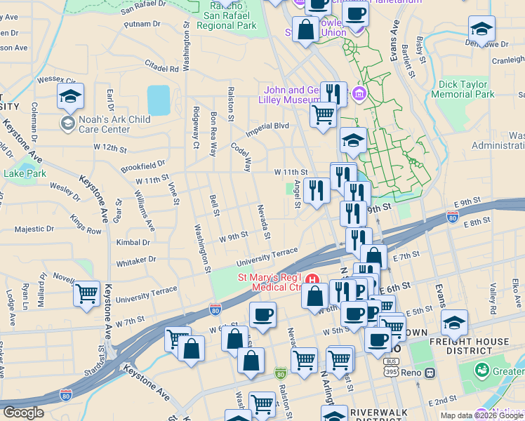 map of restaurants, bars, coffee shops, grocery stores, and more near 1050 Nevada Street in Reno