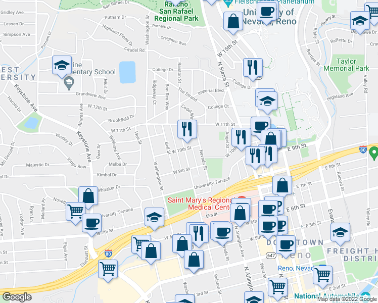 map of restaurants, bars, coffee shops, grocery stores, and more near 1022 Ralston Street in Reno