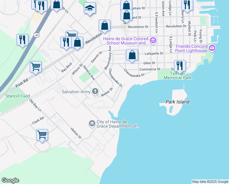 map of restaurants, bars, coffee shops, grocery stores, and more near 908 Hebditch Lane in Havre de Grace