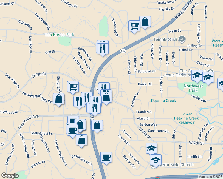 map of restaurants, bars, coffee shops, grocery stores, and more near 4195 West 7th Street in Reno
