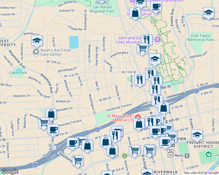 map of restaurants, bars, coffee shops, grocery stores, and more near 1022 Ralston Street in Reno