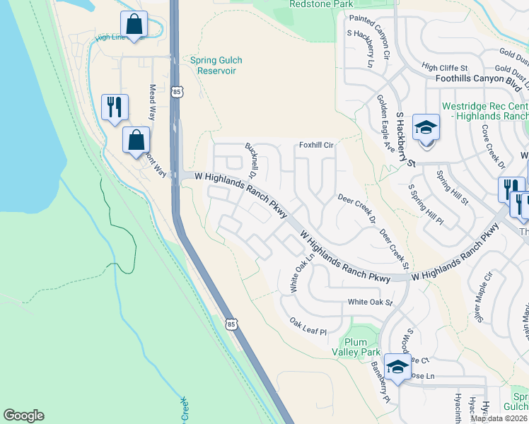 map of restaurants, bars, coffee shops, grocery stores, and more near 3609 West Rosewalk Circle in Littleton