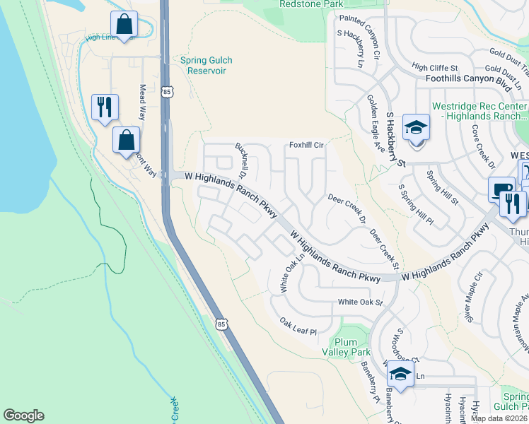 map of restaurants, bars, coffee shops, grocery stores, and more near 3471 Foxhill Court in Littleton