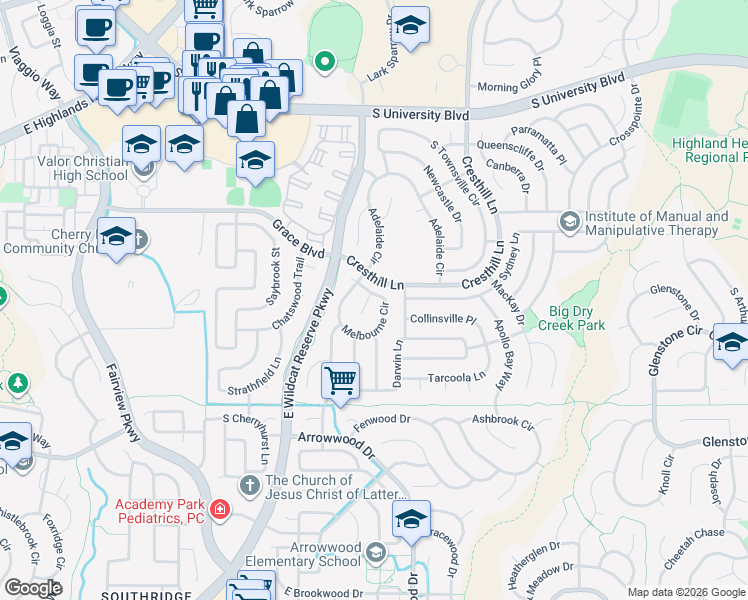 map of restaurants, bars, coffee shops, grocery stores, and more near 9983 Melbourne Circle in Littleton