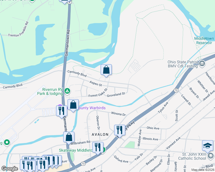 map of restaurants, bars, coffee shops, grocery stores, and more near 2698 Aspen Street in Middletown