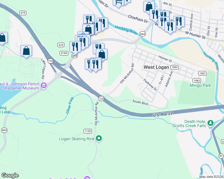 map of restaurants, bars, coffee shops, grocery stores, and more near 1139 Old McArthur Road in Logan