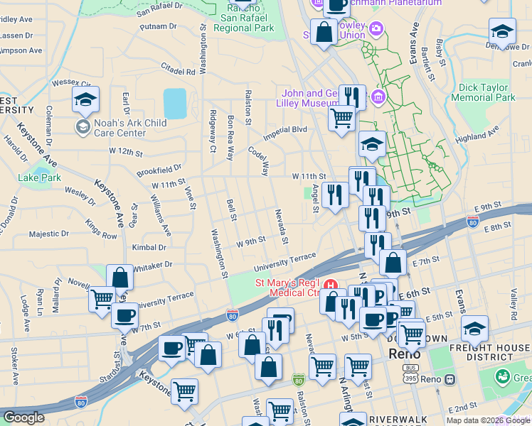 map of restaurants, bars, coffee shops, grocery stores, and more near 1022 Ralston Street in Reno