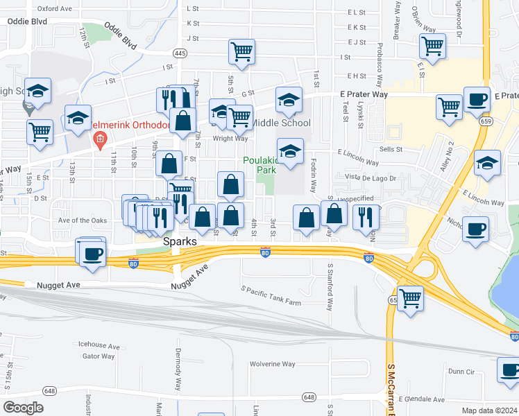 map of restaurants, bars, coffee shops, grocery stores, and more near 330 4th Street in Sparks