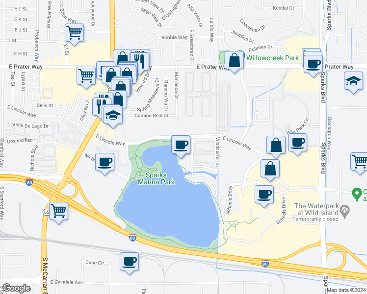 map of restaurants, bars, coffee shops, grocery stores, and more near 350 Harbour Cove Drive in Sparks