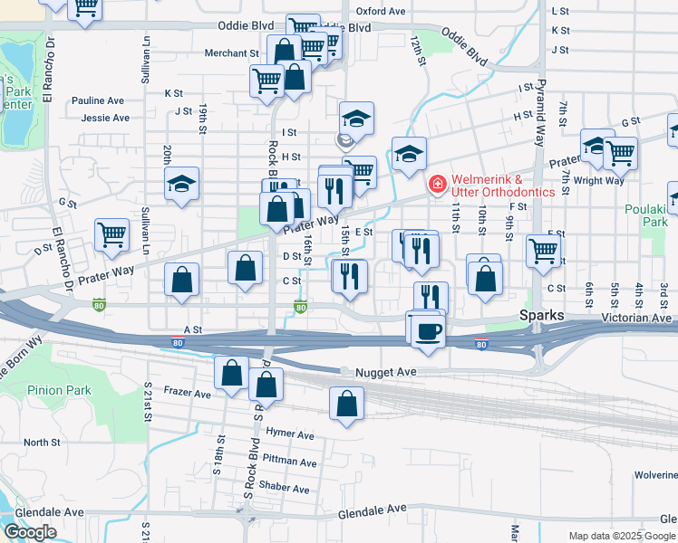 map of restaurants, bars, coffee shops, grocery stores, and more near 1539 D Street in Sparks
