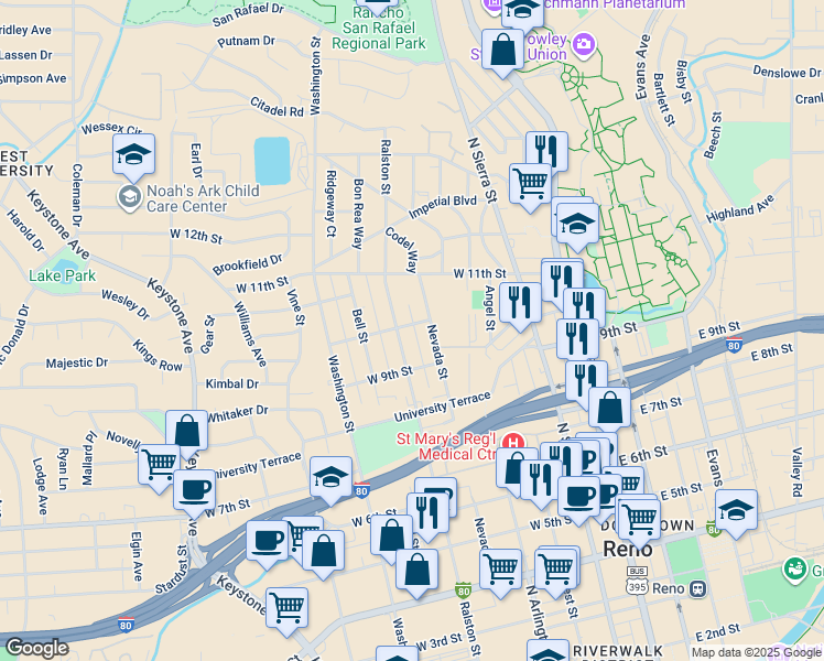 map of restaurants, bars, coffee shops, grocery stores, and more near 1022 Ralston Street in Reno