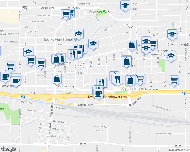 map of restaurants, bars, coffee shops, grocery stores, and more near 1250 Victorian Avenue in Sparks