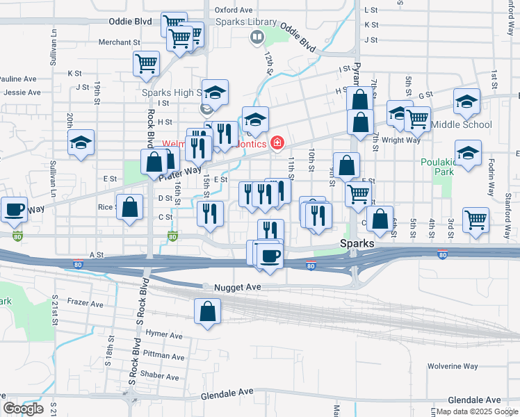 map of restaurants, bars, coffee shops, grocery stores, and more near 1250 Victorian Avenue in Sparks