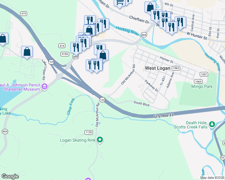 map of restaurants, bars, coffee shops, grocery stores, and more near 1139 Old McArthur Road in Logan