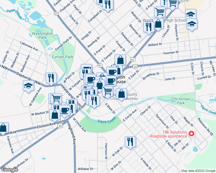 map of restaurants, bars, coffee shops, grocery stores, and more near 124 North Fayette Street in Washington Court House