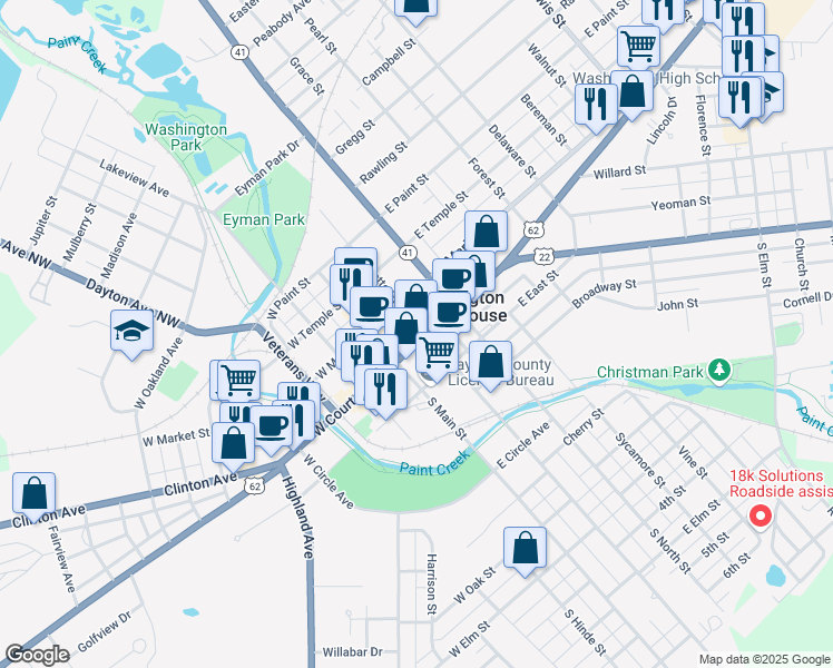 map of restaurants, bars, coffee shops, grocery stores, and more near 150 East Court Street in Washington Court House