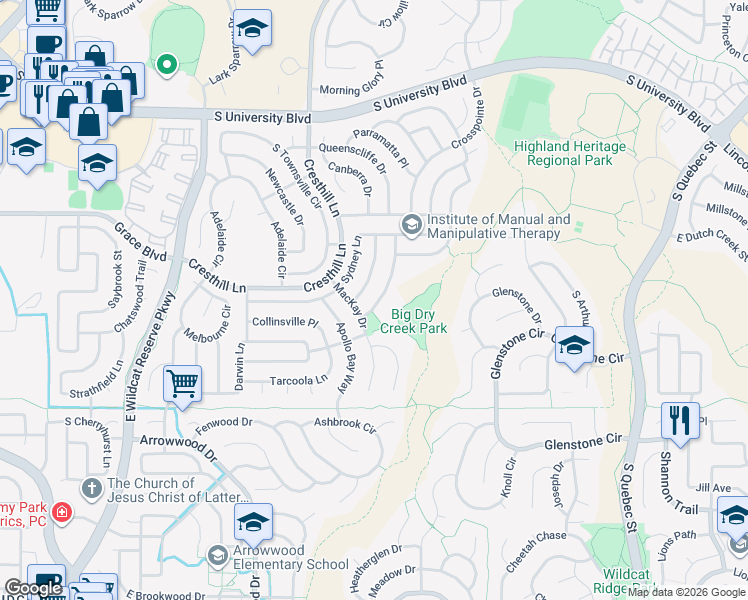 map of restaurants, bars, coffee shops, grocery stores, and more near 9865 South Atherton Way in Littleton