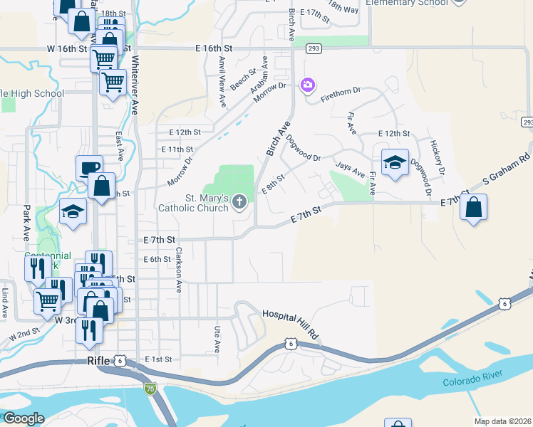 map of restaurants, bars, coffee shops, grocery stores, and more near 740-788 Birch Avenue in Rifle