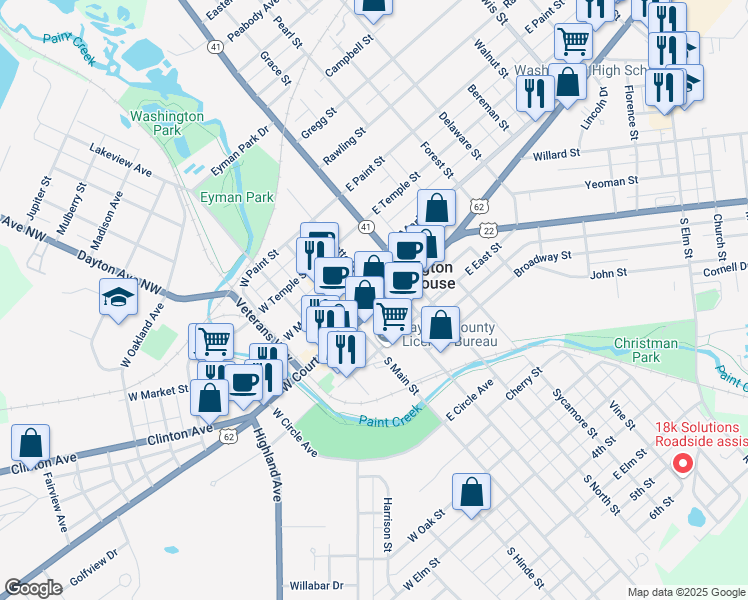 map of restaurants, bars, coffee shops, grocery stores, and more near 150 East Court Street in Washington Court House
