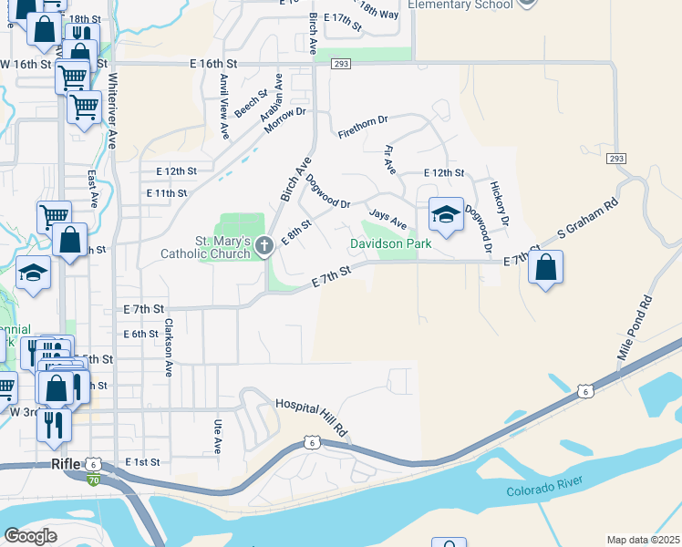 map of restaurants, bars, coffee shops, grocery stores, and more near 1312 East 7th Street in Rifle