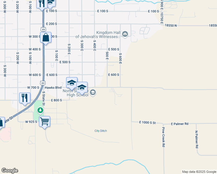 map of restaurants, bars, coffee shops, grocery stores, and more near 675 South 500 East Street in Mount Pleasant