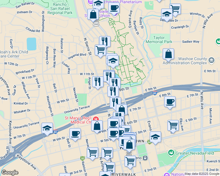 map of restaurants, bars, coffee shops, grocery stores, and more near 18 West 10th Street in Reno