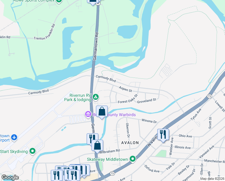 map of restaurants, bars, coffee shops, grocery stores, and more near 2510-2698 Aspen Street in Middletown