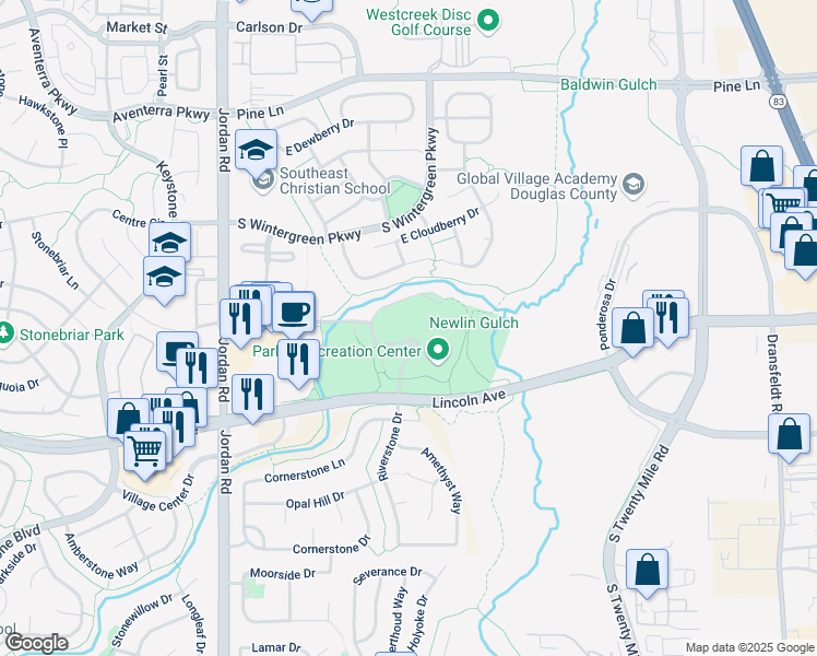 map of restaurants, bars, coffee shops, grocery stores, and more near 17299 Lincoln Avenue in Parker