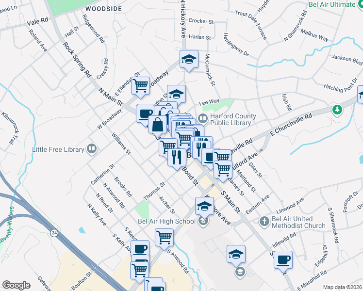 map of restaurants, bars, coffee shops, grocery stores, and more near 2 North Main Street in Bel Air