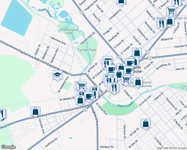 map of restaurants, bars, coffee shops, grocery stores, and more near 311 North Hinde Street in Washington Court House