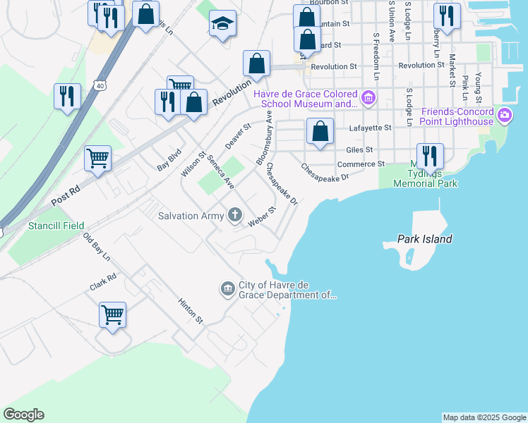 map of restaurants, bars, coffee shops, grocery stores, and more near 132 Weber Street in Havre de Grace