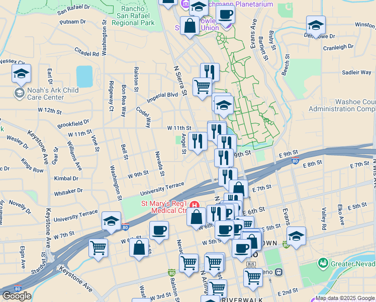 map of restaurants, bars, coffee shops, grocery stores, and more near 22 Angel Street in Reno