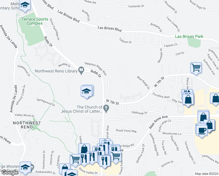 map of restaurants, bars, coffee shops, grocery stores, and more near 2190 Sapphire Ridge Way in Reno