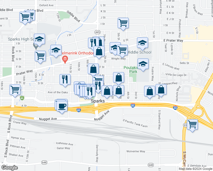 map of restaurants, bars, coffee shops, grocery stores, and more near 364 7th Street in Sparks