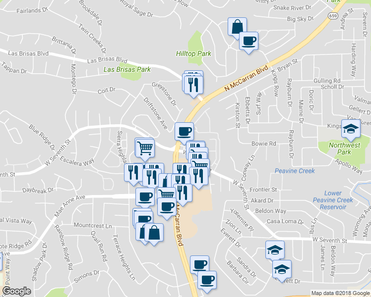 map of restaurants, bars, coffee shops, grocery stores, and more near 4995 W 7th St in Reno