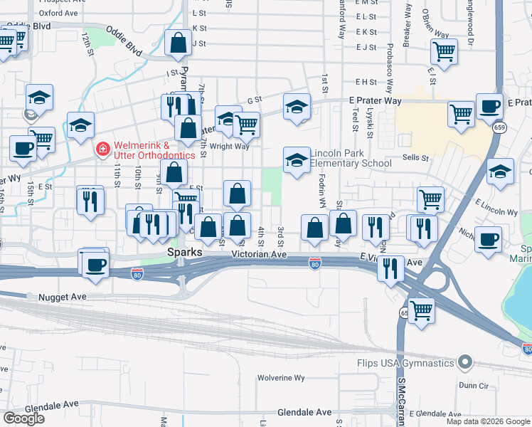 map of restaurants, bars, coffee shops, grocery stores, and more near 400 4th Street in Sparks