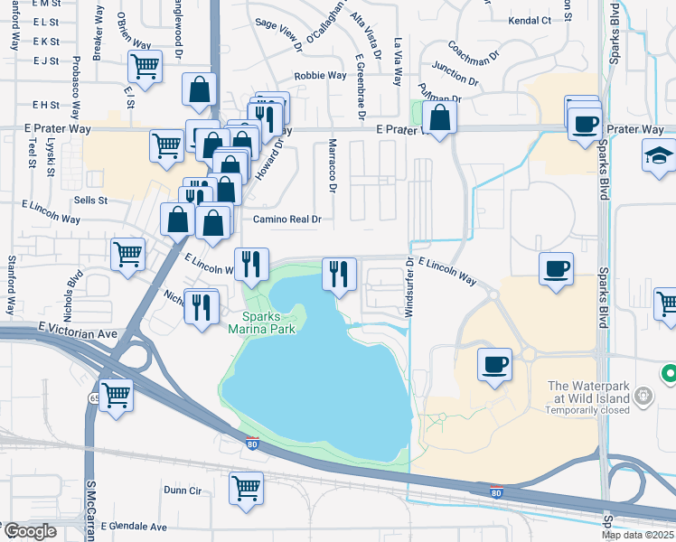 map of restaurants, bars, coffee shops, grocery stores, and more near 375 Harbour Cove Drive in Sparks