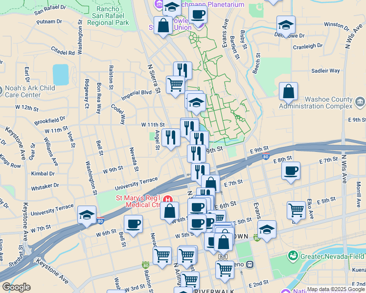 map of restaurants, bars, coffee shops, grocery stores, and more near 18 West 10th Street in Reno