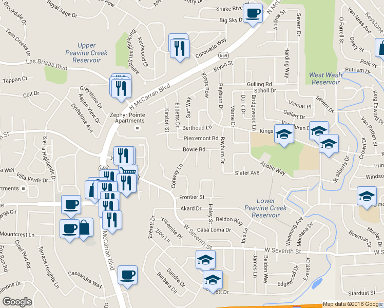 map of restaurants, bars, coffee shops, grocery stores, and more near 1255 Searchlite Court in Reno