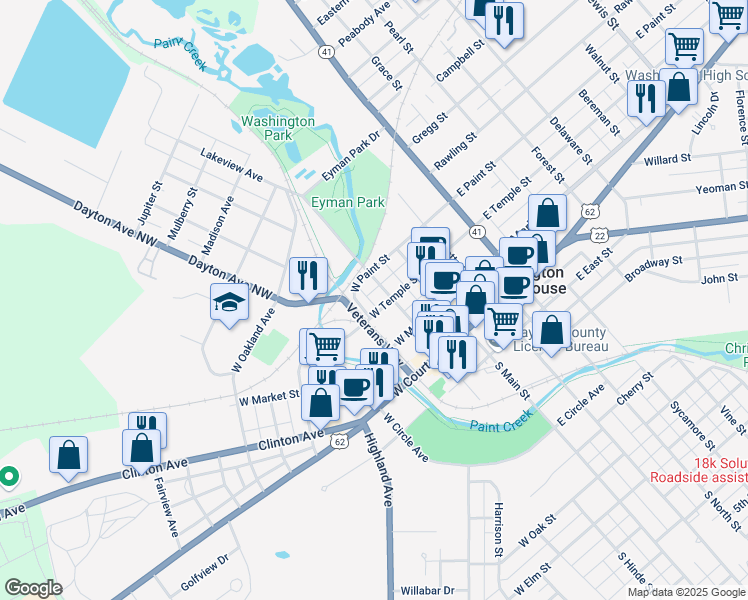map of restaurants, bars, coffee shops, grocery stores, and more near 311 North Hinde Street in Washington Court House