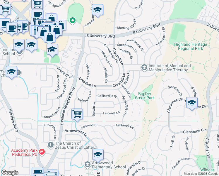 map of restaurants, bars, coffee shops, grocery stores, and more near 9838 South Townsville Circle in Littleton