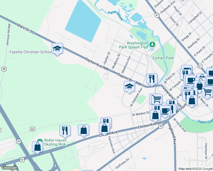 map of restaurants, bars, coffee shops, grocery stores, and more near 1025 Dayton Avenue Northwest in Washington Court House
