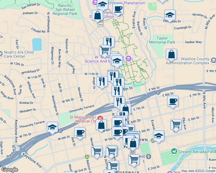 map of restaurants, bars, coffee shops, grocery stores, and more near 18 West 10th Street in Reno