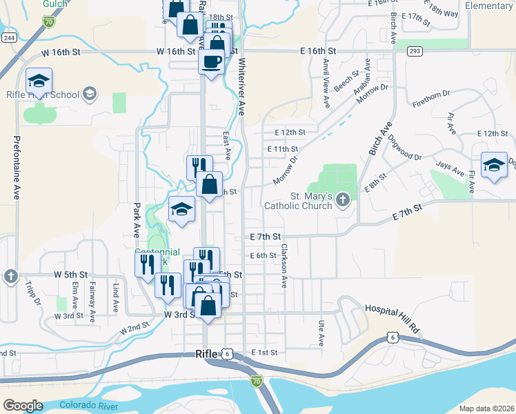 map of restaurants, bars, coffee shops, grocery stores, and more near 814 Munro Ave in Rifle