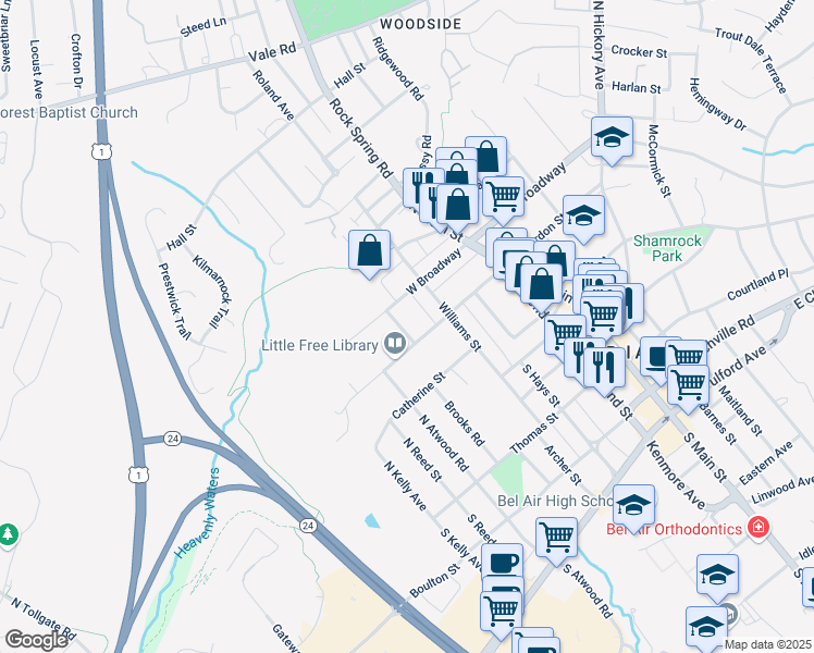 map of restaurants, bars, coffee shops, grocery stores, and more near 211 Richardson Street in Bel Air