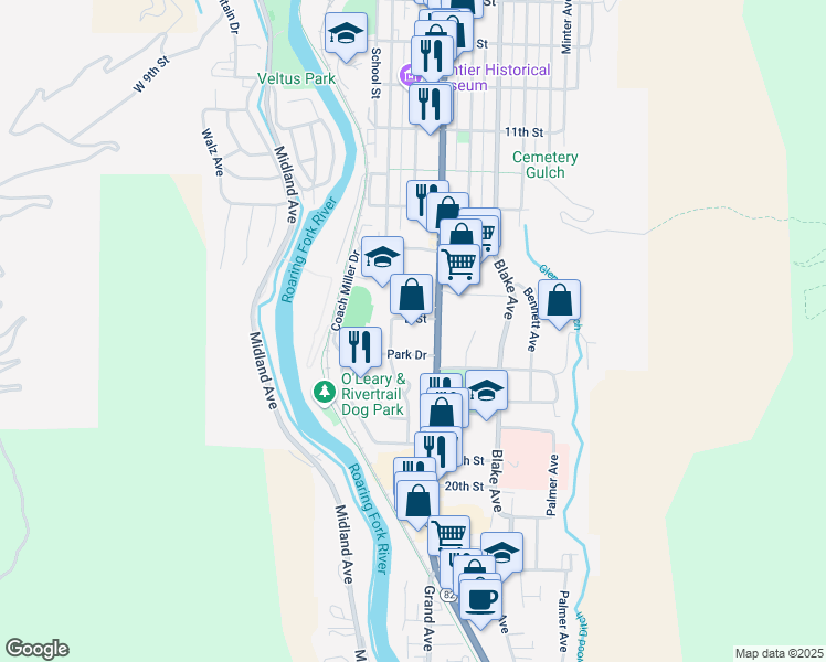 map of restaurants, bars, coffee shops, grocery stores, and more near 1605 Grand Avenue in Glenwood Springs