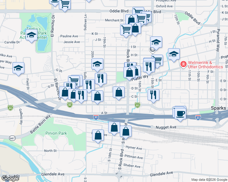 map of restaurants, bars, coffee shops, grocery stores, and more near 451 18th Street in Sparks