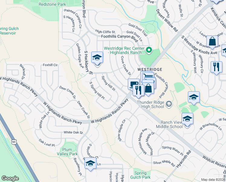 map of restaurants, bars, coffee shops, grocery stores, and more near 9825 Spring Hill Street in Littleton